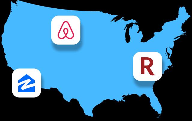 A USA map illustration with icons of Zillow, Airbnb and Redflin